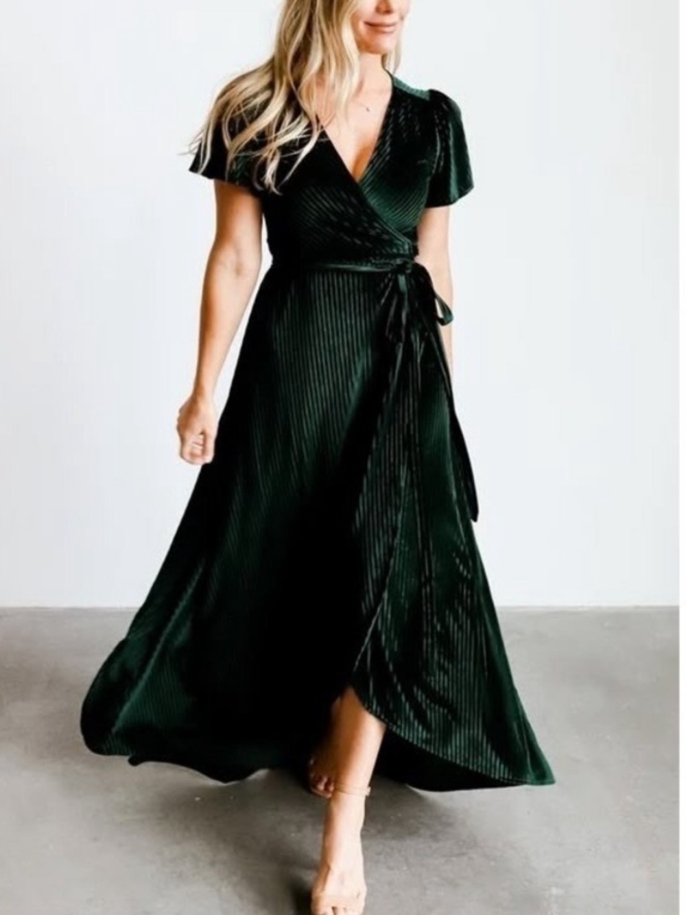 Baltic Born Emerald Green Andi Ribbed Velvet Wrap Dress Hi Lo Maxi Length Medium